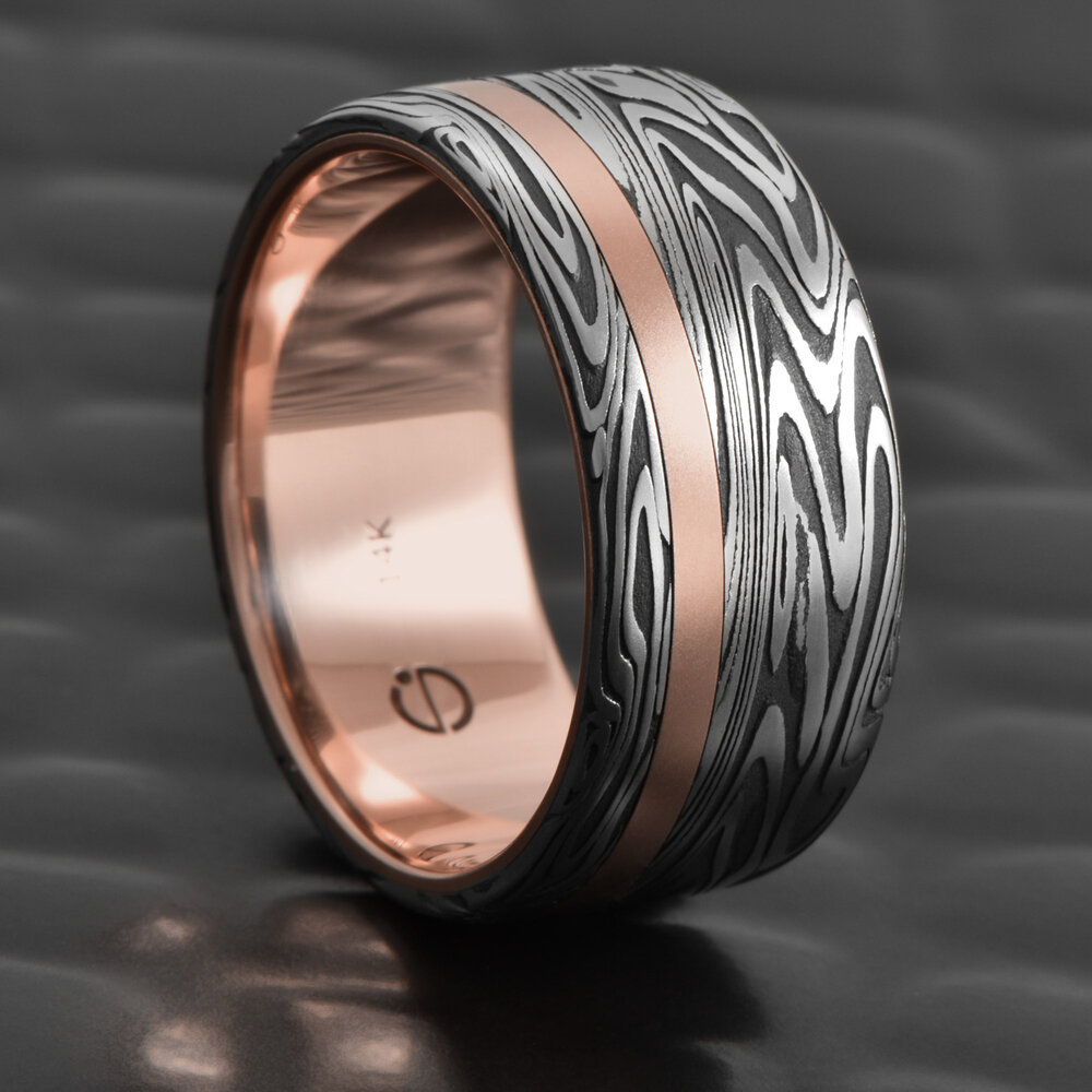 Stainless Damascus Flat Band with Offset 14k Rose Gold Inlay