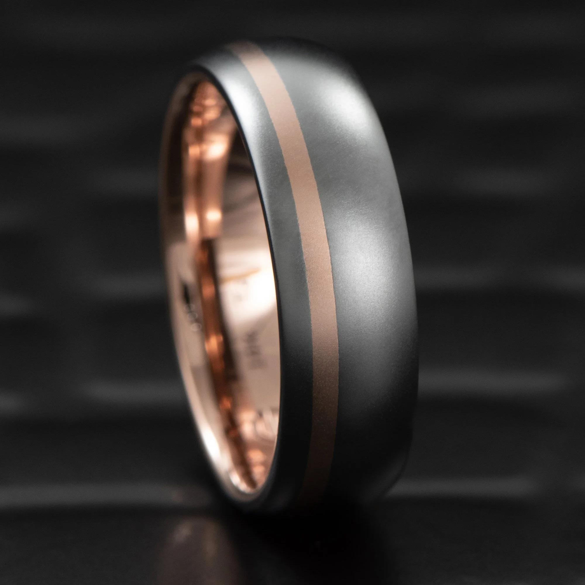 Domed Tantalum Wedding Band with Offset 14K Rose Gold Inlay and Liner  |  MATTE LUSTER