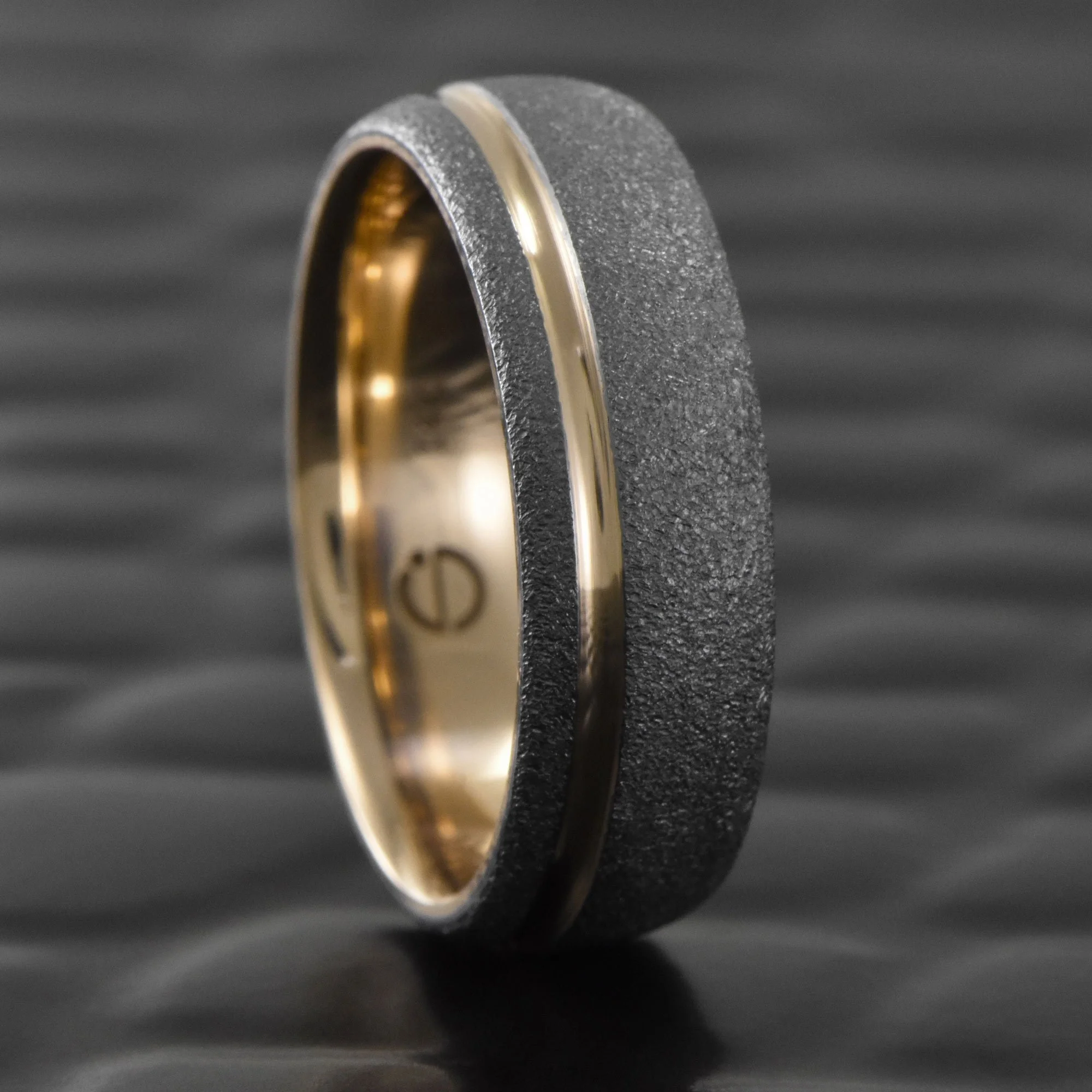 Domed Tantalum Wedding Band with Offset 14K Yellow Gold Scooped Inlay and Liner  |  MEDIUM STONE