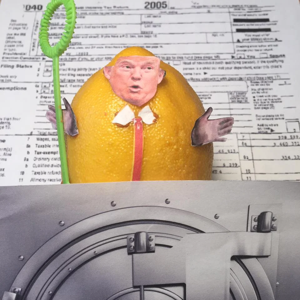 3.15.17 The Lemon Returns... "Does anybody really believe that a reporter and Pulitzer Prize winning author who wrote a book about me, who nobody ever heard of 'went to his mailbox' and found my tax returns that I sent him? FAKE NEWS! They don't show any of my conflicts of interest, business ties to Russians, and money laundering with the Bank of Cyprus. I only sent two pages! They only show that I had a funny $100 million in losses and I still I paid plenty because of the Alternative Minimum Tax which I will get rid of. My scandals have so many distractions and my distractions have so many scandals. FUN!" #Lemonlaw #Squeezethelemon #Zesty #DivestDonald