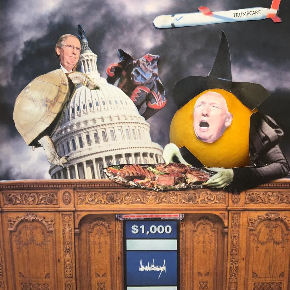 7.25.17 A Swift and Modest Vote... "Big day for HealthCare. After 7 years of talking, we will soon see whether or not Republicans are willing to step up to the plate! On the plate are TRUMP STAKES! A second lunch on the HOUSE while we starve Medicare and the healthcare system. It's a mean bill and people will die, but we only need 50 votes!" #LemonLaw
