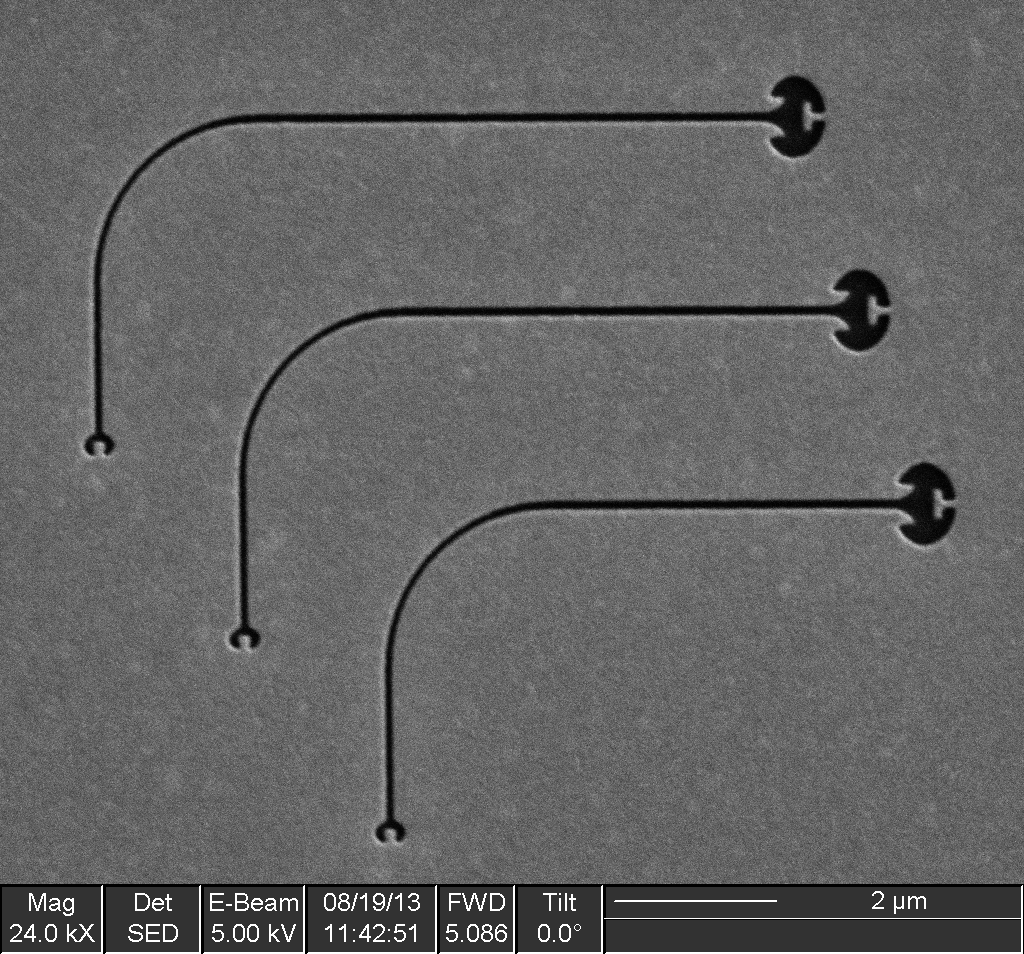 SEM of a typical sample wherein each waveguide is identical with the exception of its length.