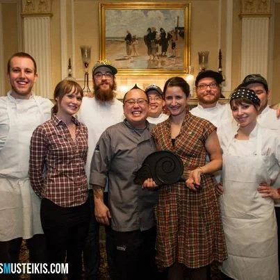2013 winners of the Slo Pig skillet, Tory Miller of L'Etoile Restaurant .
