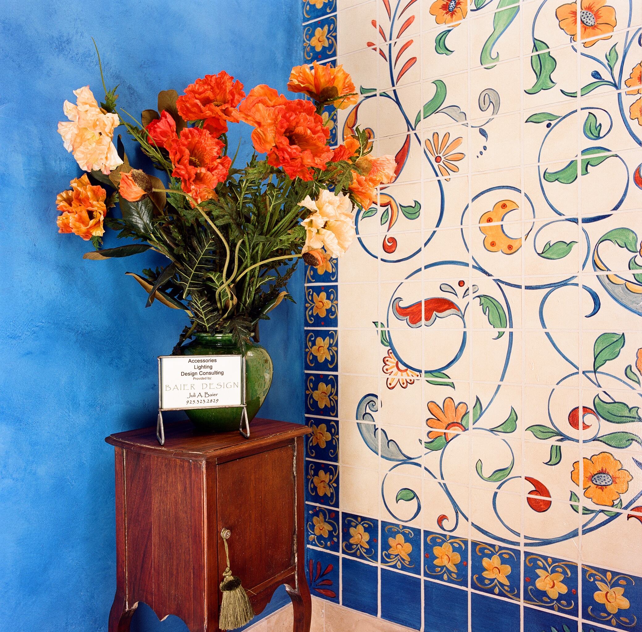 floral tile spanish style deep blue wall