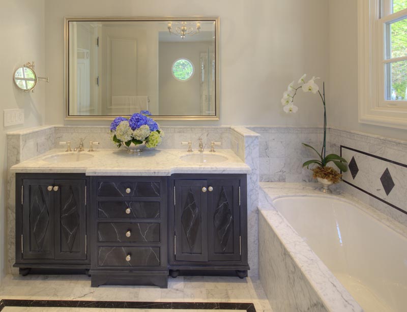 guest bath marble counter faux painted cabinet