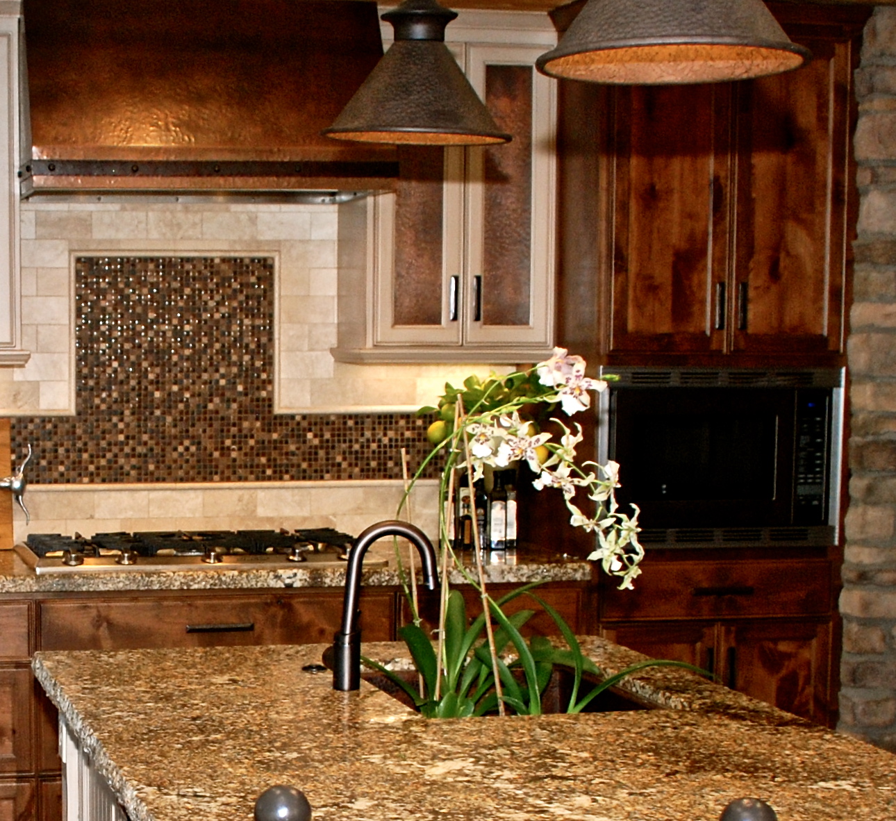 stove backsplash tile design and copper range