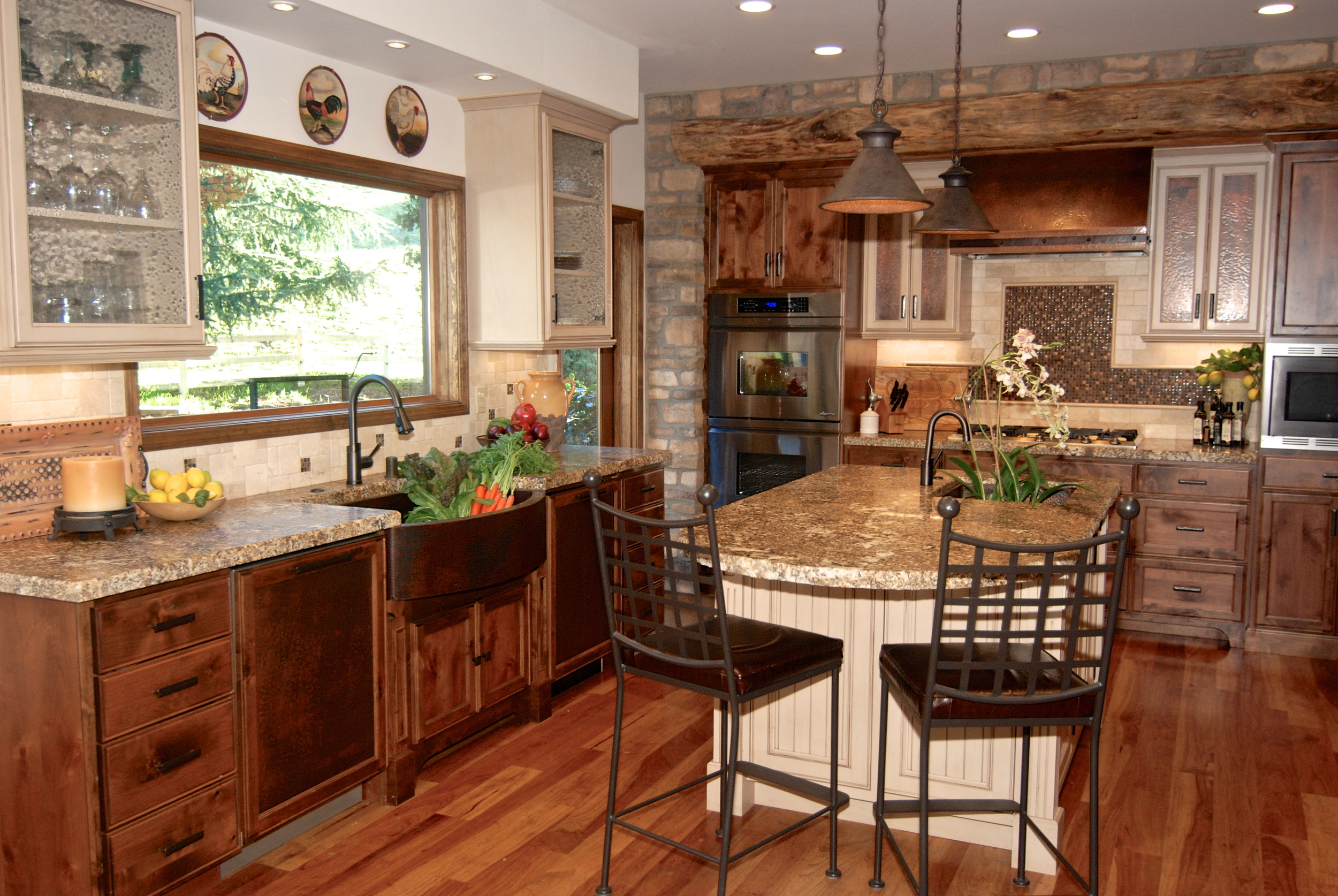 farm apron sink granite island and bar chairs