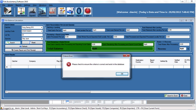 Fig. 3: Fish transaction details Per Lot No and Species – Error message indicating that there is no record available as per the search criteria
