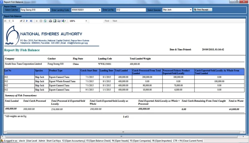 Fig. 4: Report to display the fish transaction details Per Lot # and Species