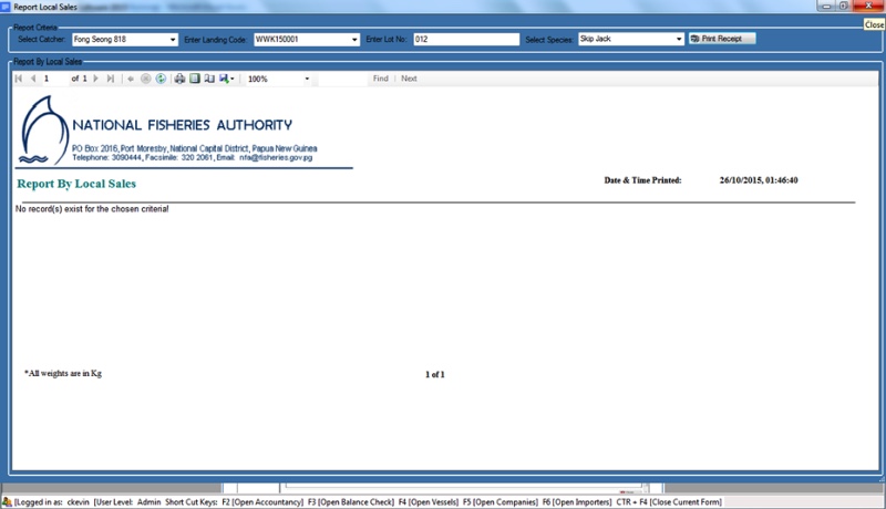 Fig. 6: Report to display the Total Quantity Sold Locally or Sold Locally as Whole Round Tuna Per Lot No and Species