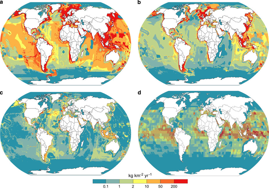 Examples of database use with mapped catch rates (kg km−2 yr−1). (a) Average annual reported catch rates (including IUU) for 2010–2014; (b) Average annual catch rate of discarded marine products 2000–2004; (c) Average catch rate of sharks and rays 2010–2014; (d) Average catch rate of tunas and billfish 2010–2014.