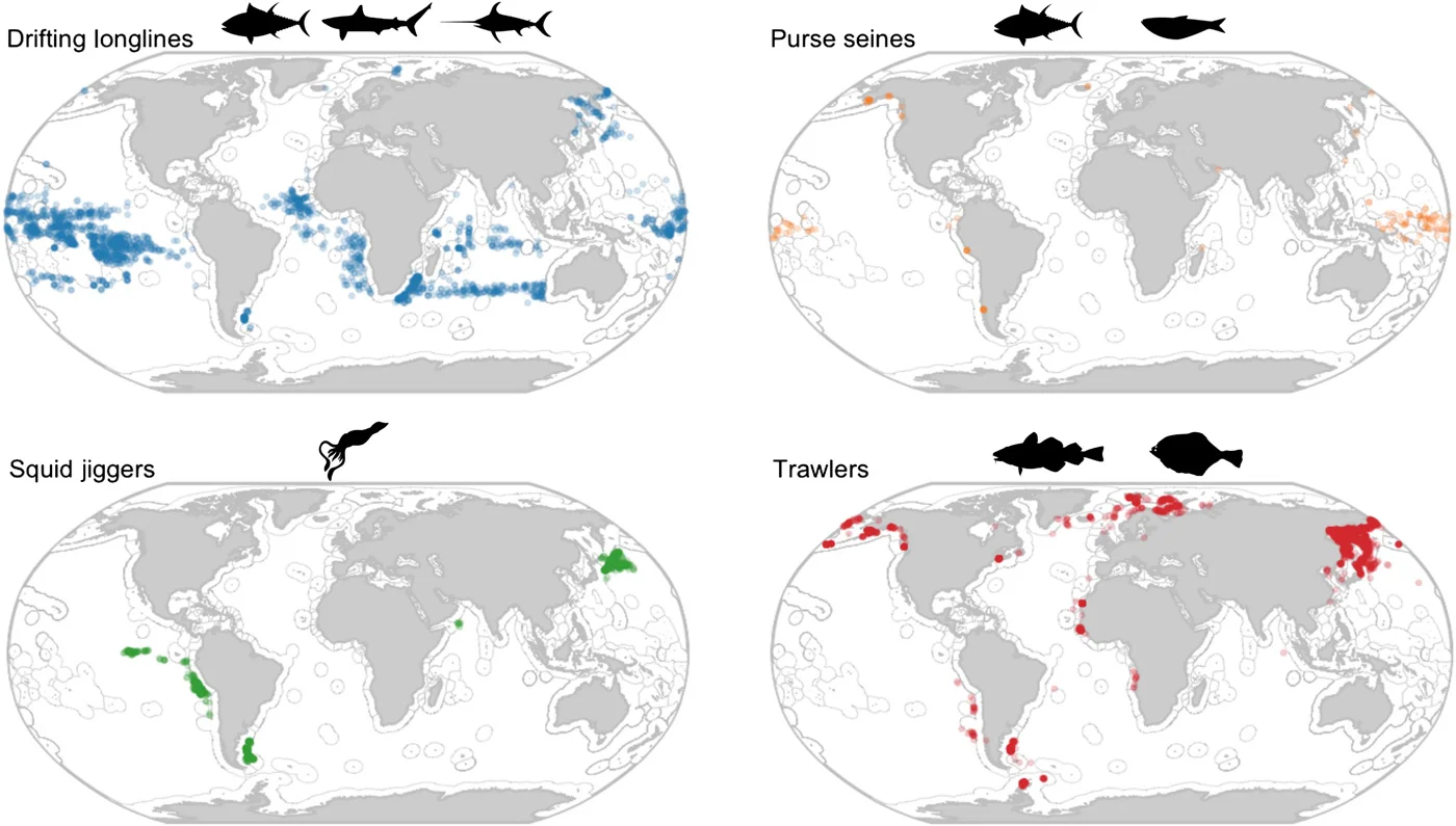 Global patterns of transshipment for different fishing gears