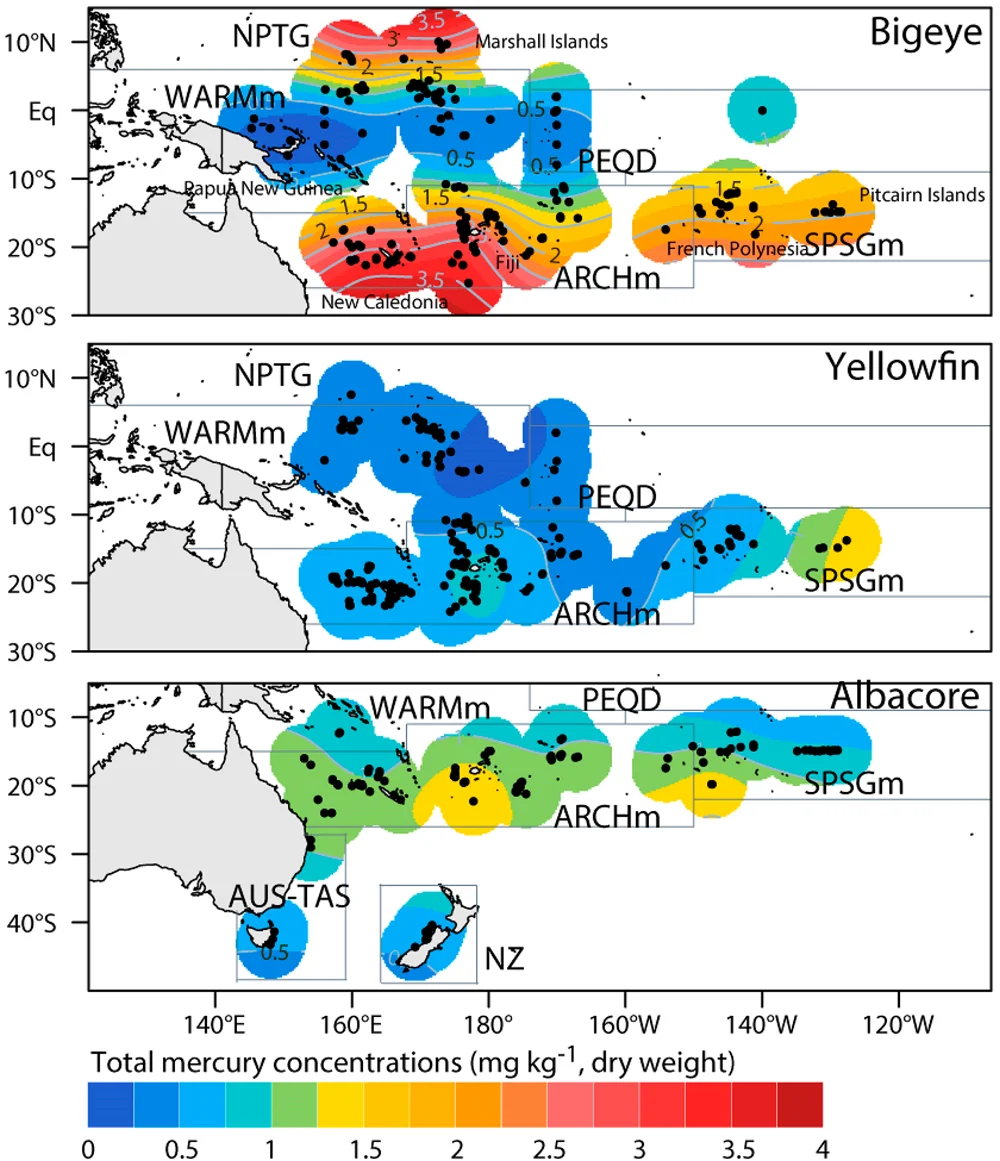 Figure 1. Observed spatial variation in mercury concentrations (mg kg−1, dry weight) for bigeye, yellowfin, and albacore muscle samples captured in the Western and Central Pacific Ocean