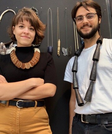 Valerie James and Luke Towne, pictured here with a selection of work from the new gallery, are the first RISD graduates who will run INTRO. Valerie is wearing the necklace Flute and Gather by Kelly Temple (San Diego State University) and Luke is wea…