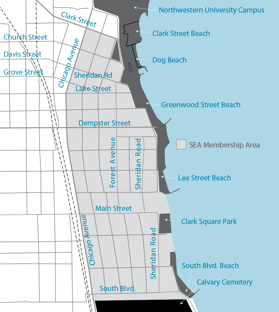 Map of Lake Michigan shoreline areas in Evanston, Illinois, showing streets, parks, beaches, and landmarks including Northwestern University Campus, Clark Street Beach, Dog Beach, Greenwood Street Beach, Lee Street Beach, Clark Square Park, South Blvd. Beach, Calvary Cemetery, and various streets such as Clark Street, Davis Street, Grove Street, Sheridan Road, Lake Street, Dempster Street, Forest Avenue, Main Street, Chicago Avenue, and South Blvd.