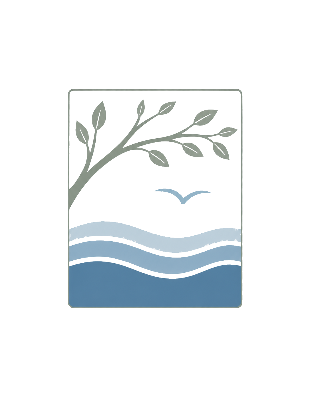 Illustration of a tree branch with leaves, a bird flying, and wavy water lines at the bottom.