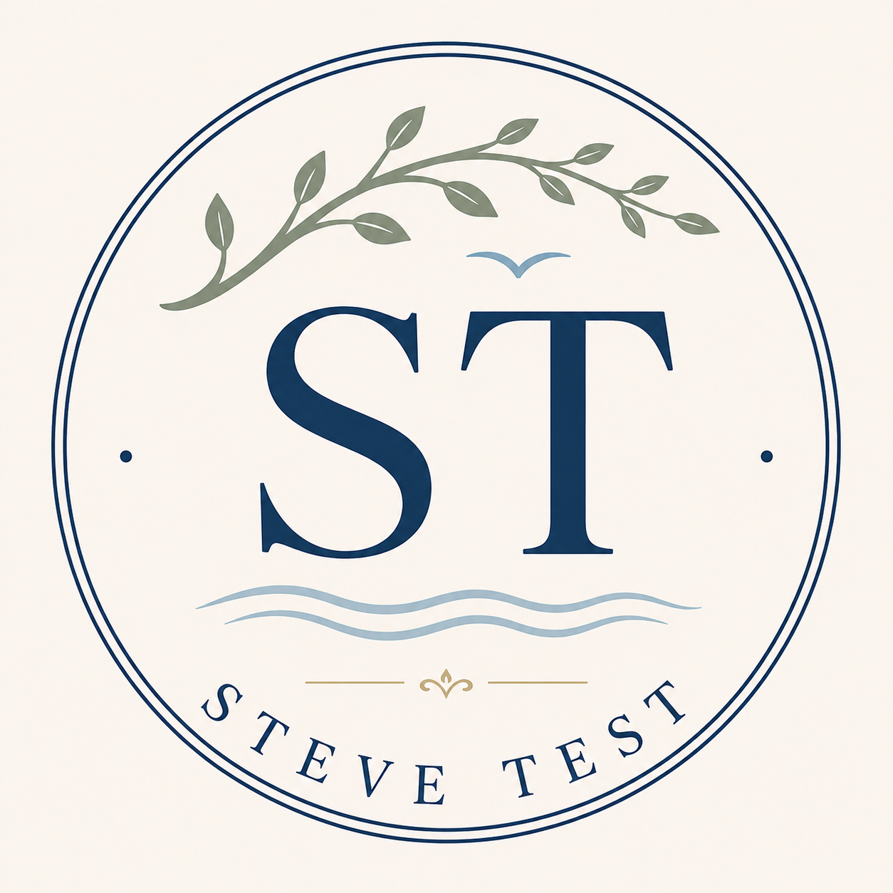 A circular logo with the initials ST in large navy blue font. Above the initials, there is a green leafy branch with a bird flying above. Below the initials, there are wavy lines, and underneath, the text "STEVE TEST" is written.