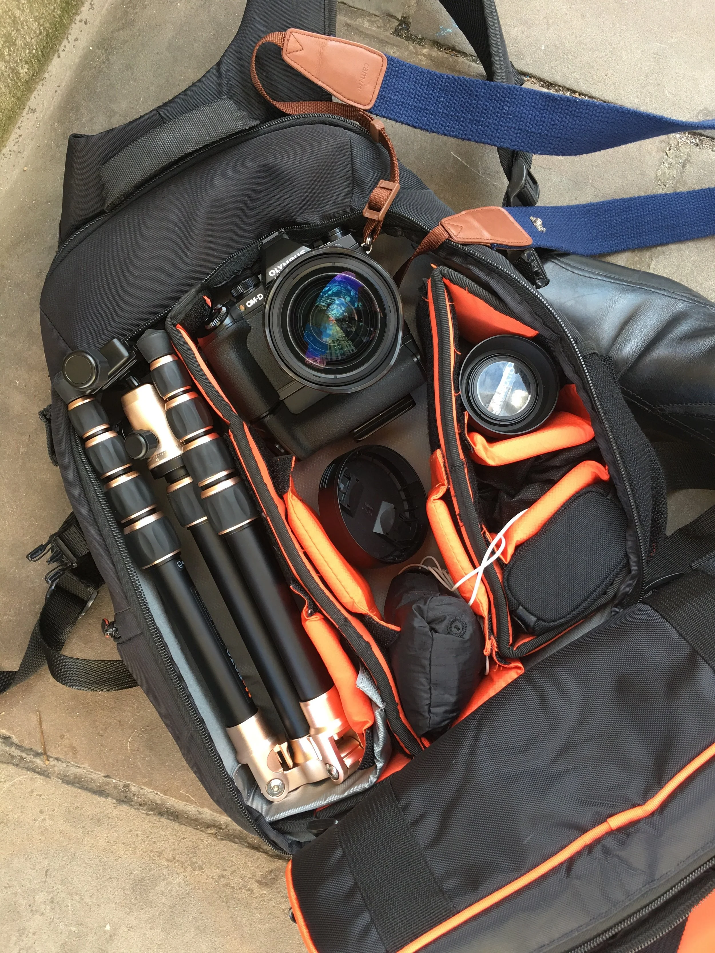 The diminutive MeFOTO folded away to it's smallest size. Fits snug inside my small Caselogic backpack