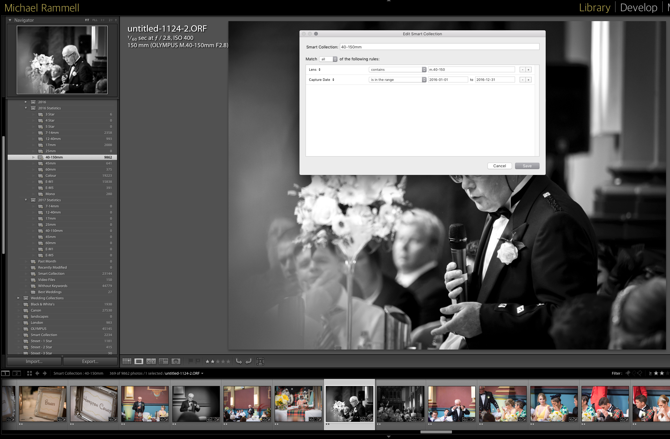 This Smart Collection in Adobe Lightroom shows me how many images I shot with the 40-150mm f/2.8 PRO lens from Olympus during 2016