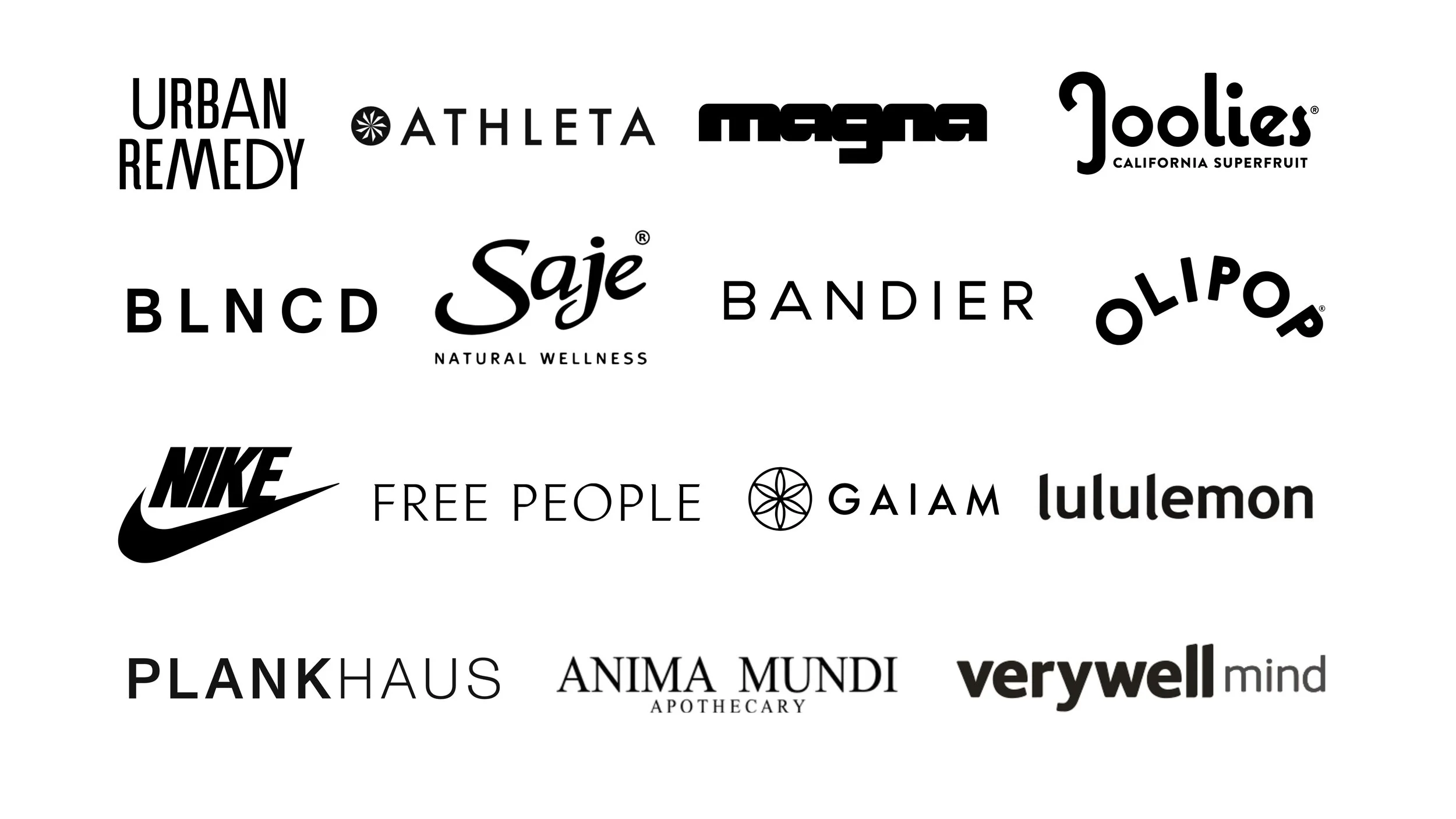 A collection of black and white logos of various brands arranged in rows and columns.