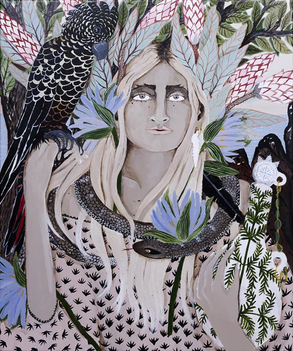 ‘She’s the silent one in her soft boots’ by Leah Fraser, 2014, acrylic on polyester canvas, 61cm x 51cm.