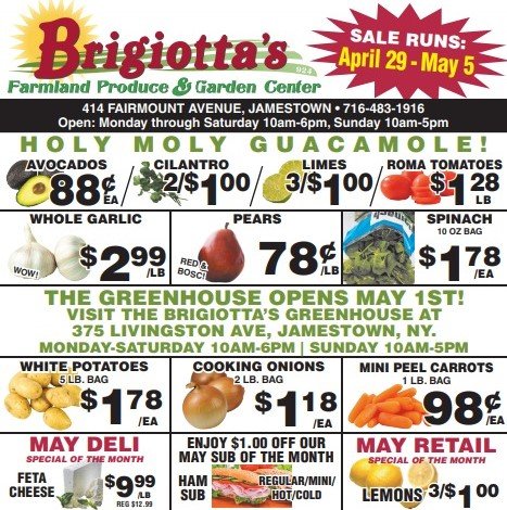 🌟🥑 HOLY MOLY GUACAMOLE!🍅🌟

Get ready to kick off the month with a BURST of freshness at Brigiotta's Farmland Produce and Garden Center! 🛒

Cook up a storm with these amazing savings! Creamy Avocados for 88 cents each, fresh Cilantro for 2/$1.00,