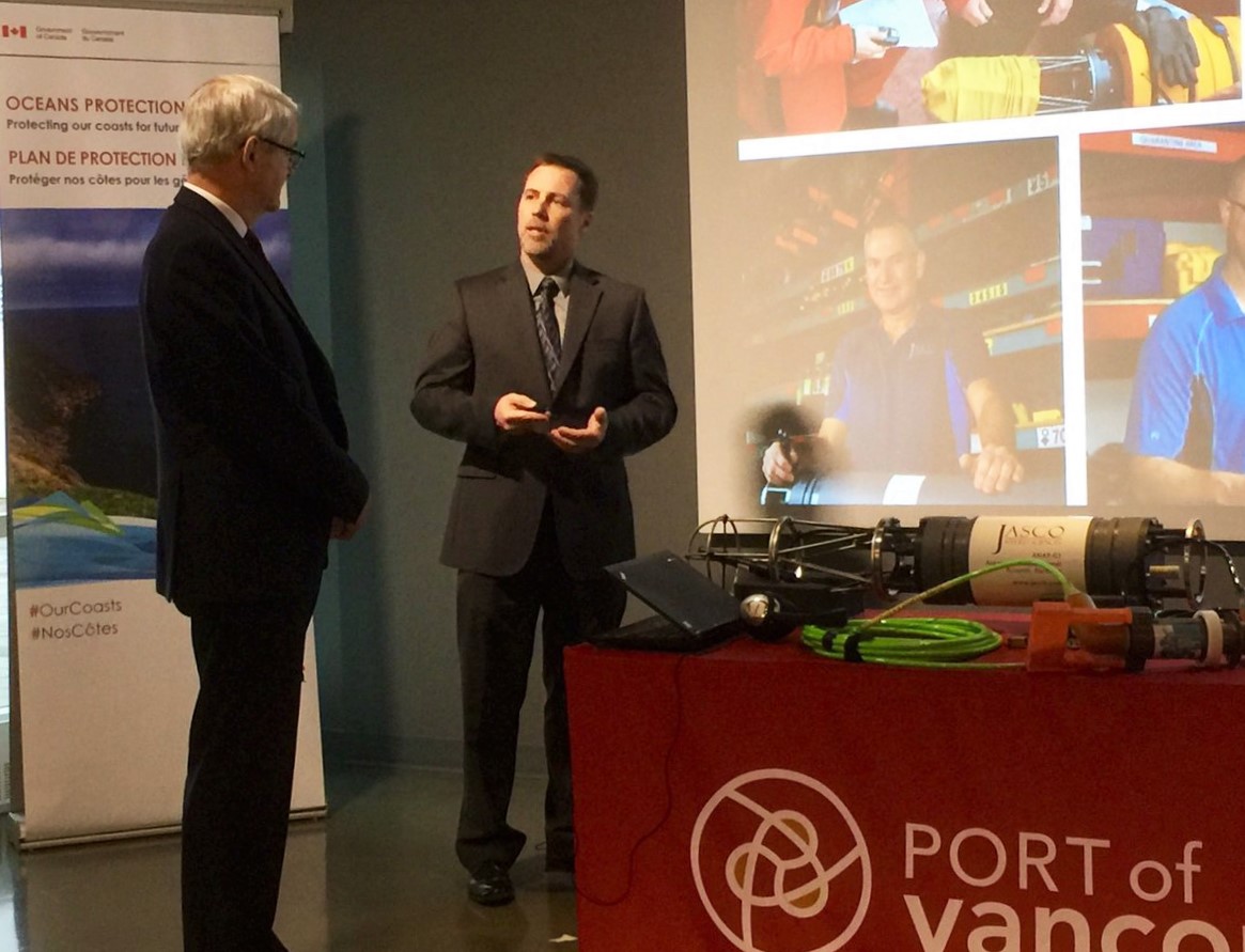 Transportation Minister Marc Garneau (left) and David Hannay, JASCO's Chief Science Officer (right).