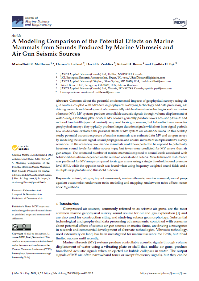 A modeling comparison of the potential effects on marine mammals from sounds produced by marine vibroseis and air gun seismic sources (PDF)