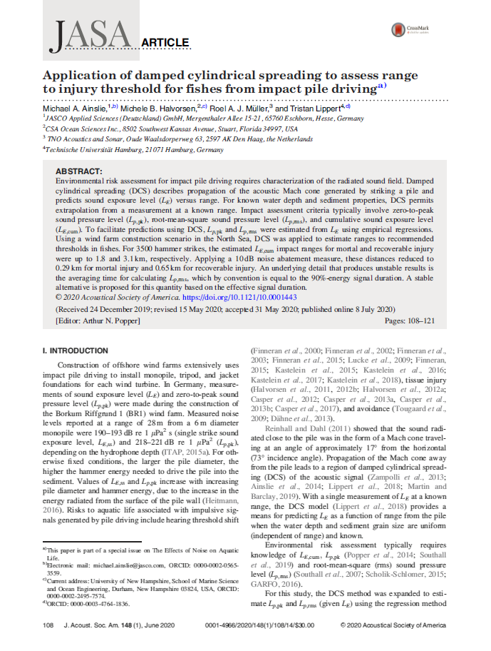 Application of damped cylindrical spreading to assess range to injury threshold for fishes from impact pile driving (PDF)