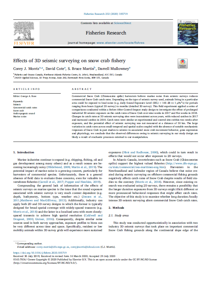 Effects of 3D seismic surveying on the snow crab fishery (PDF)