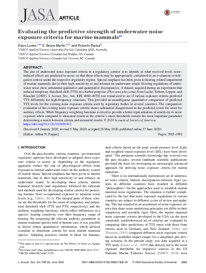 Evaluating the predictive strength of underwater noise exposure criteria for marine mammals (PDF)