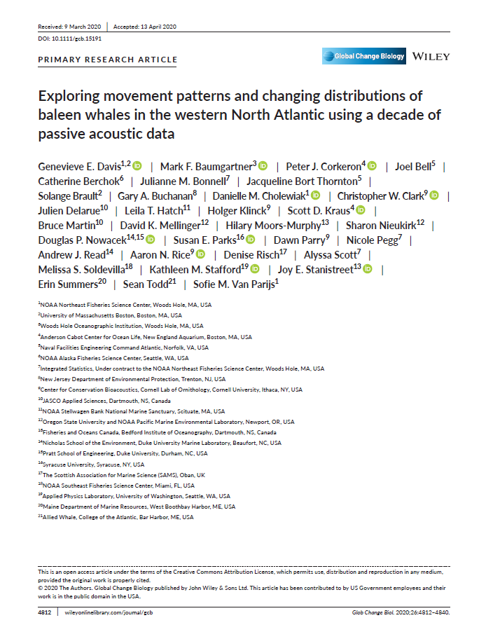 Exploring movement patterns and changing distributions of baleen whales in the western North Atlantic using a decade of passive acoustic data (PDF)