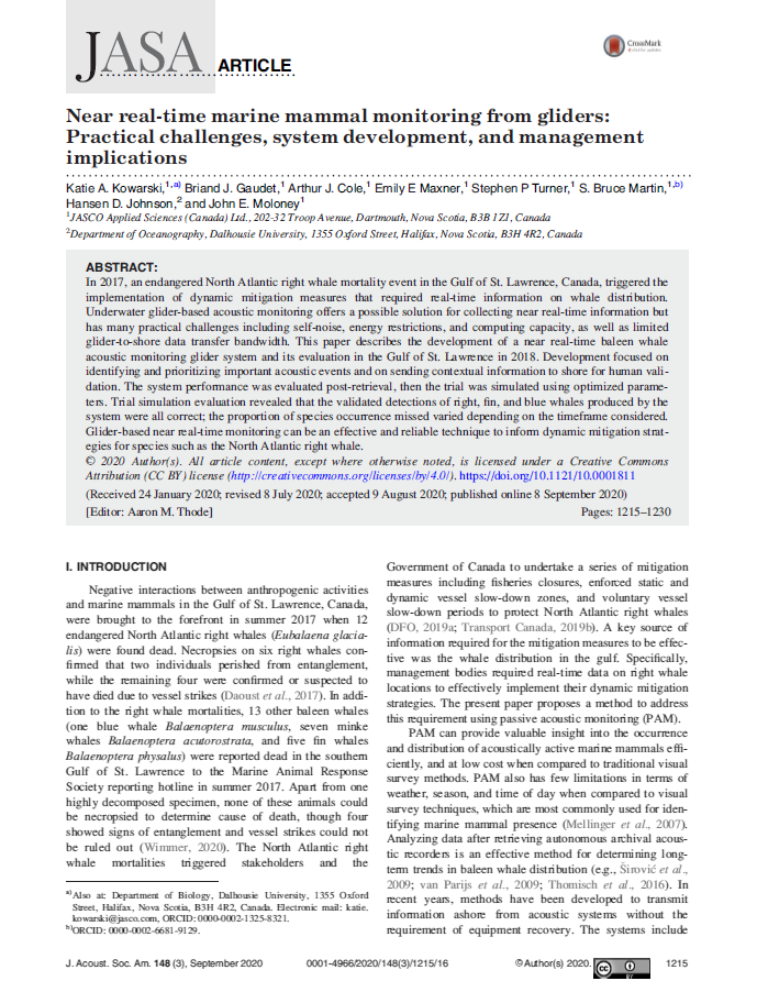 Near real-time marine mammal monitoring from gliders: Practical challenges, system development, and management implications (PDF)