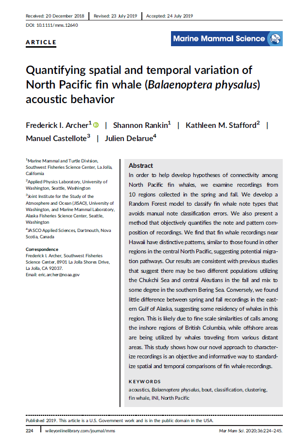 Quantifying spatial and temporal variation of North Pacific fin whale (<em>Balaenoptera physalus</em>) acoustic behavior (PDF)