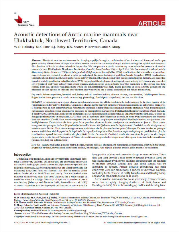 Acoustic detections of Arctic marine mammals near Ulukhaktok, Northwest Territories, Canada