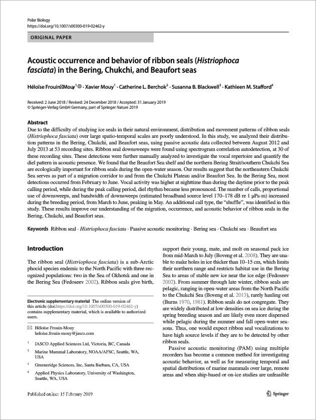 Acoustic occurrence and behavior of ribbon seals (<em>Histriophoca fasciata</em>) in the Bering, Chukchi, and Beaufort seas