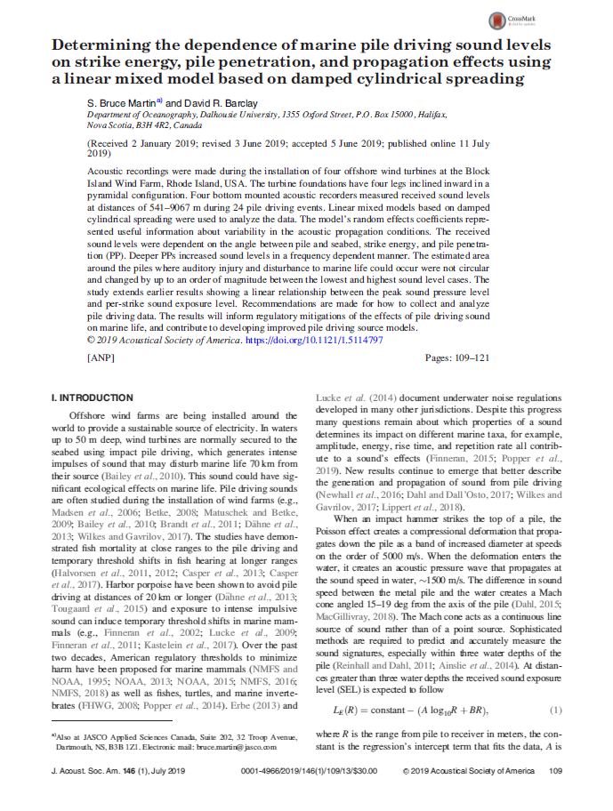 Determining the dependence of marine pile driving sound levels on strike energy, pile penetration, and propagation effects using a linear mixed model based on damped cylindrical spreading (PDF)