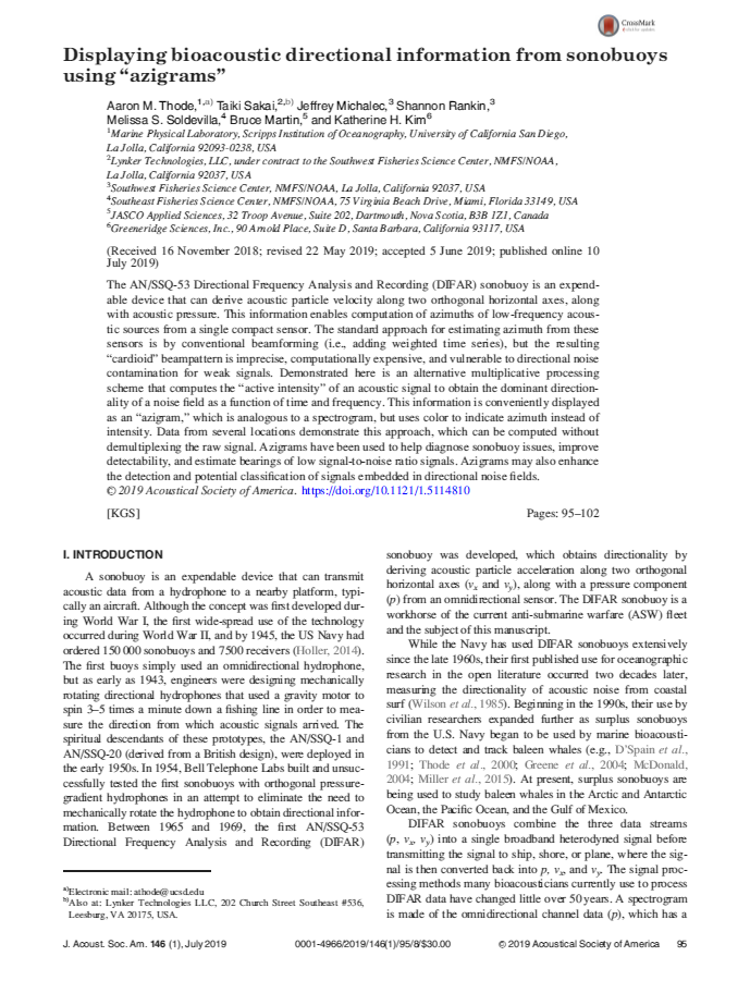 Displaying bioacoustic directional information from sonobuoys using “azigrams” (PDF)