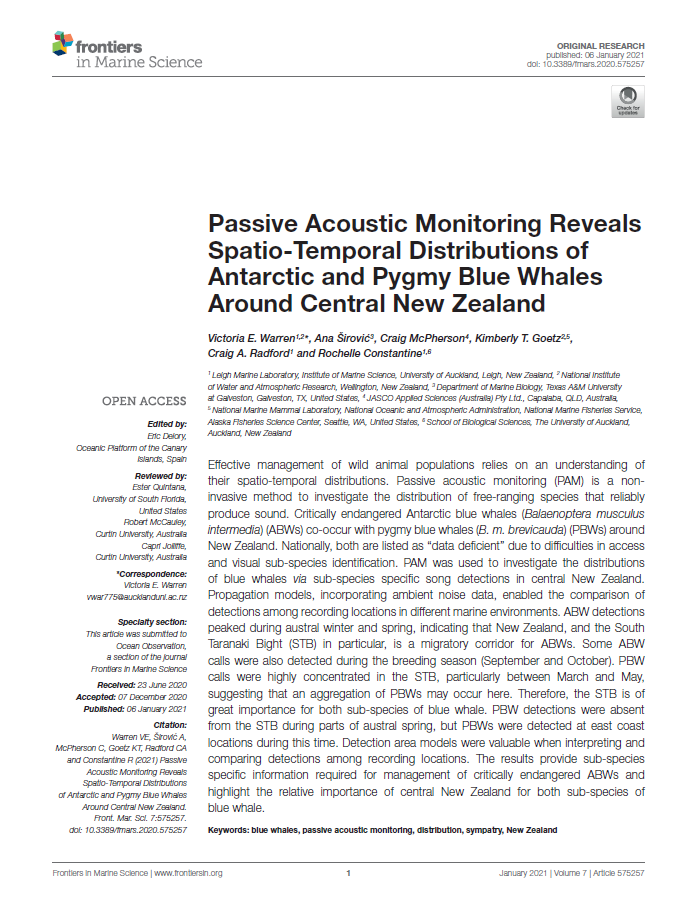 Passive acoustic monitoring reveals spatio-temporal distributions of Antarctic and pygmy blue whales around central New Zealand (PDF)