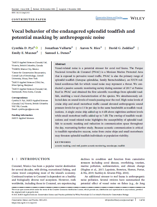 Vocal behavior of the endangered splendid toadfish and potential masking by anthropogenic noise (PDF)
