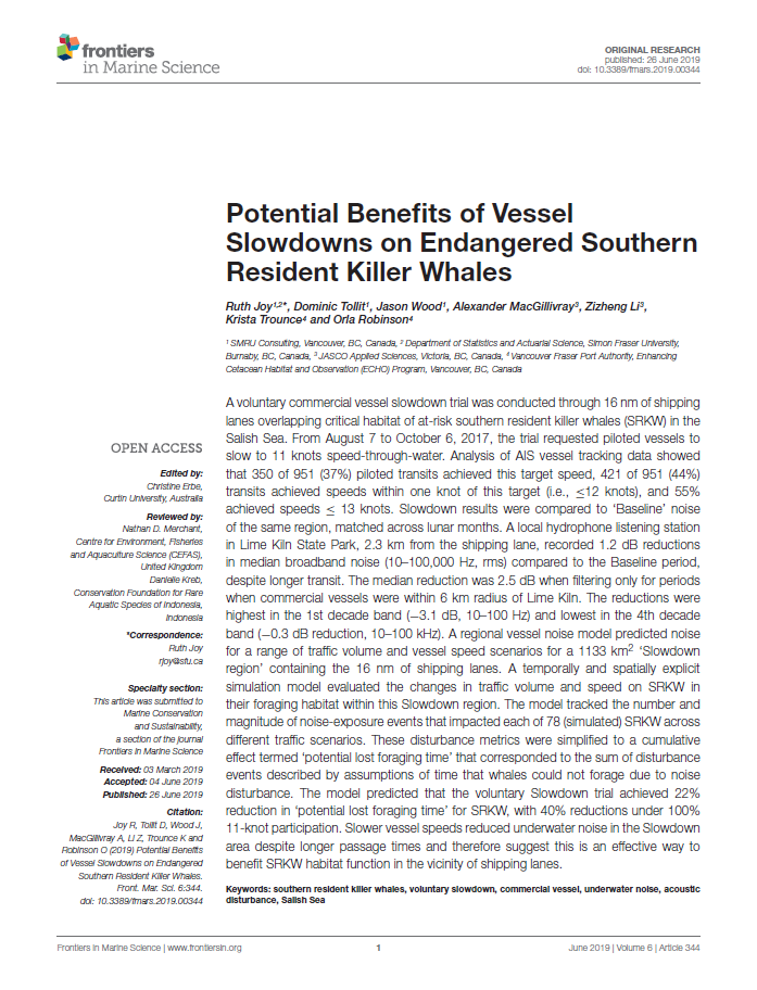 Potential benefits of vessel slowdowns on endangered southern resident killer whales (PDF)