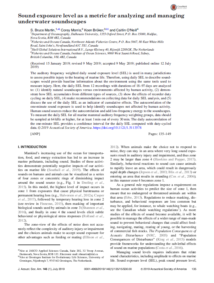 Sound exposure level as a metric for analyzing and managing underwater soundscapes (PDF)