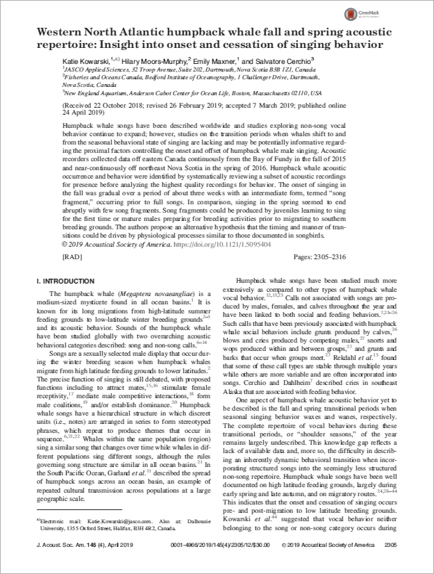 Western North Atlantic humpback whale fall and spring acoustic repertoire: Insight into onset and cessation of singing behavior (PDF)