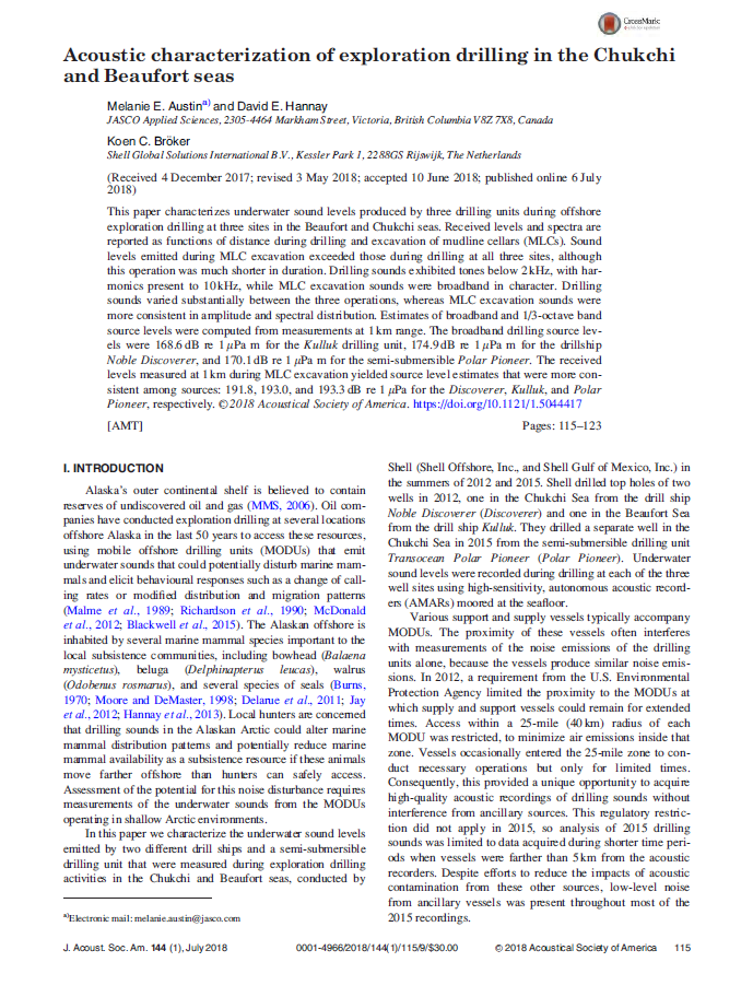 Acoustic characterization of exploration drilling in the Chukchi and Beaufort seas