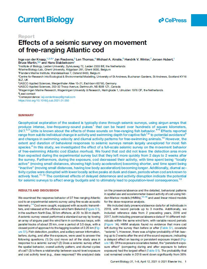 Effects of a seismic survey on movement of free-ranging Atlantic cod (PDF)