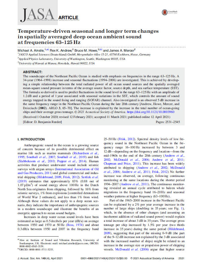 Temperature-driven seasonal and longer term changes in spatially averaged deep ocean ambient sound at frequencies 63–125 Hz (PDF)