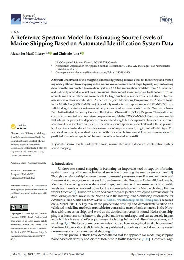 A reference spectrum model for estimating source levels of marine shipping based on Automated Identification System data (PDF)