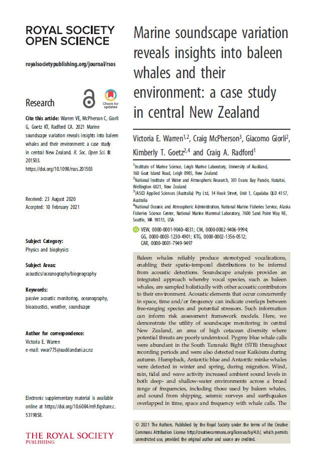 Marine soundscape variation reveals insights into baleen whales and their environment: a case study in central New Zealand (PDF)
