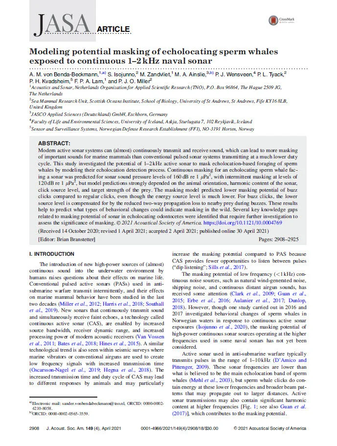 Modeling potential masking of echolocating sperm whales exposed to continuous 1–2 kHz naval sonar (PDF)