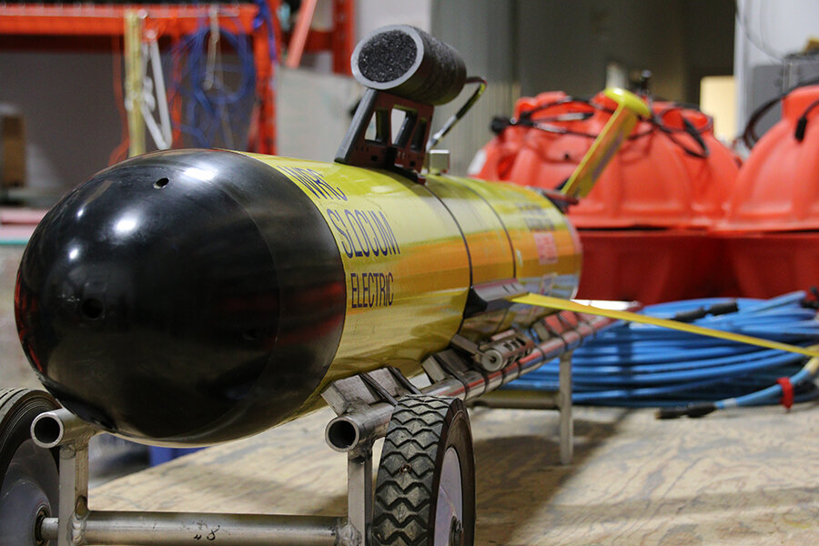  Sitting on a workbench, a Teledyne Slocum glider with hydrophone and JASCO’s OceanObserver system for underwater acoustic monitoring 